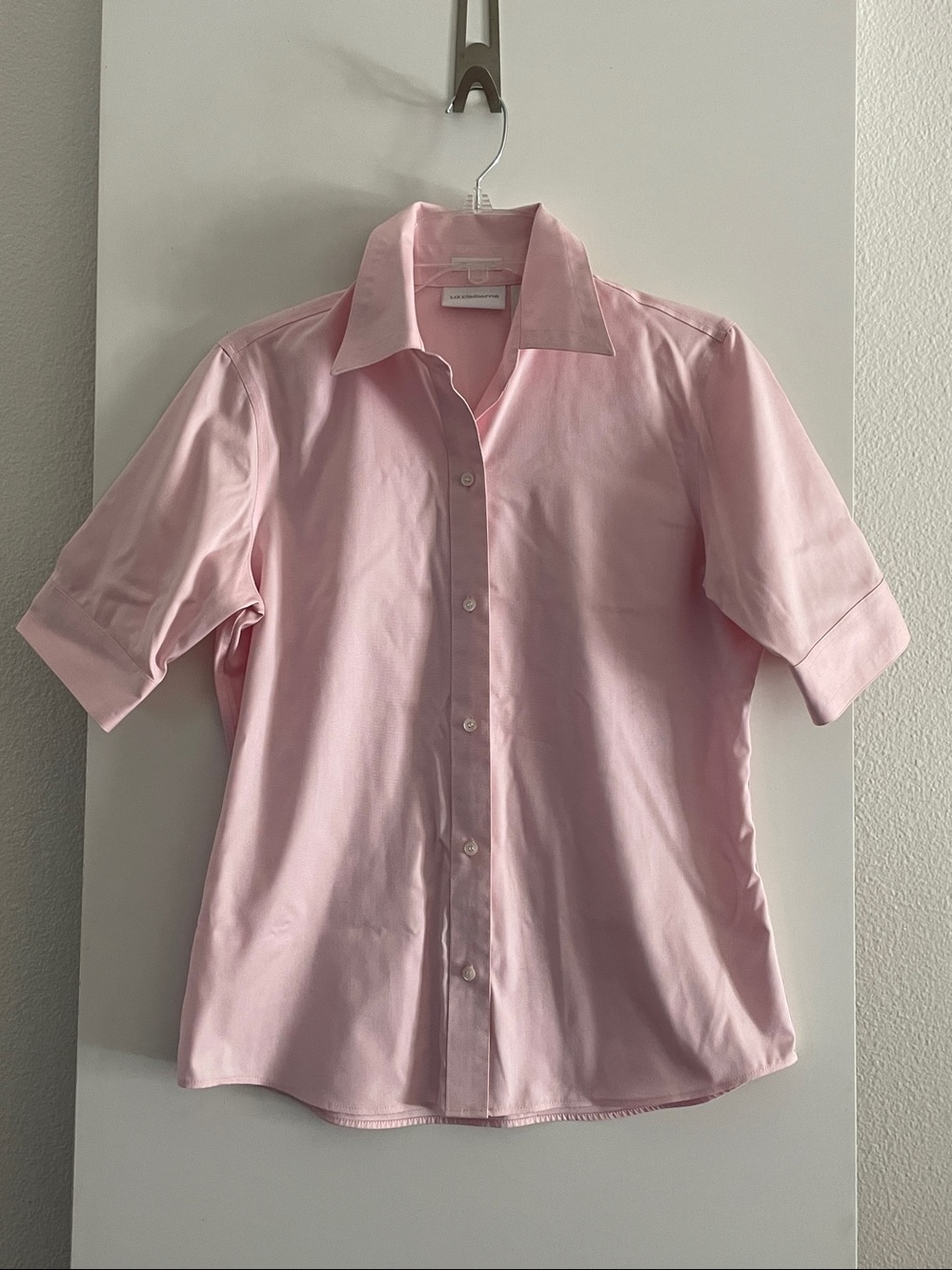 Liz Claiborne NO IRON Crisp Pink Cotton Short Sleeve Button Up Shirt Top